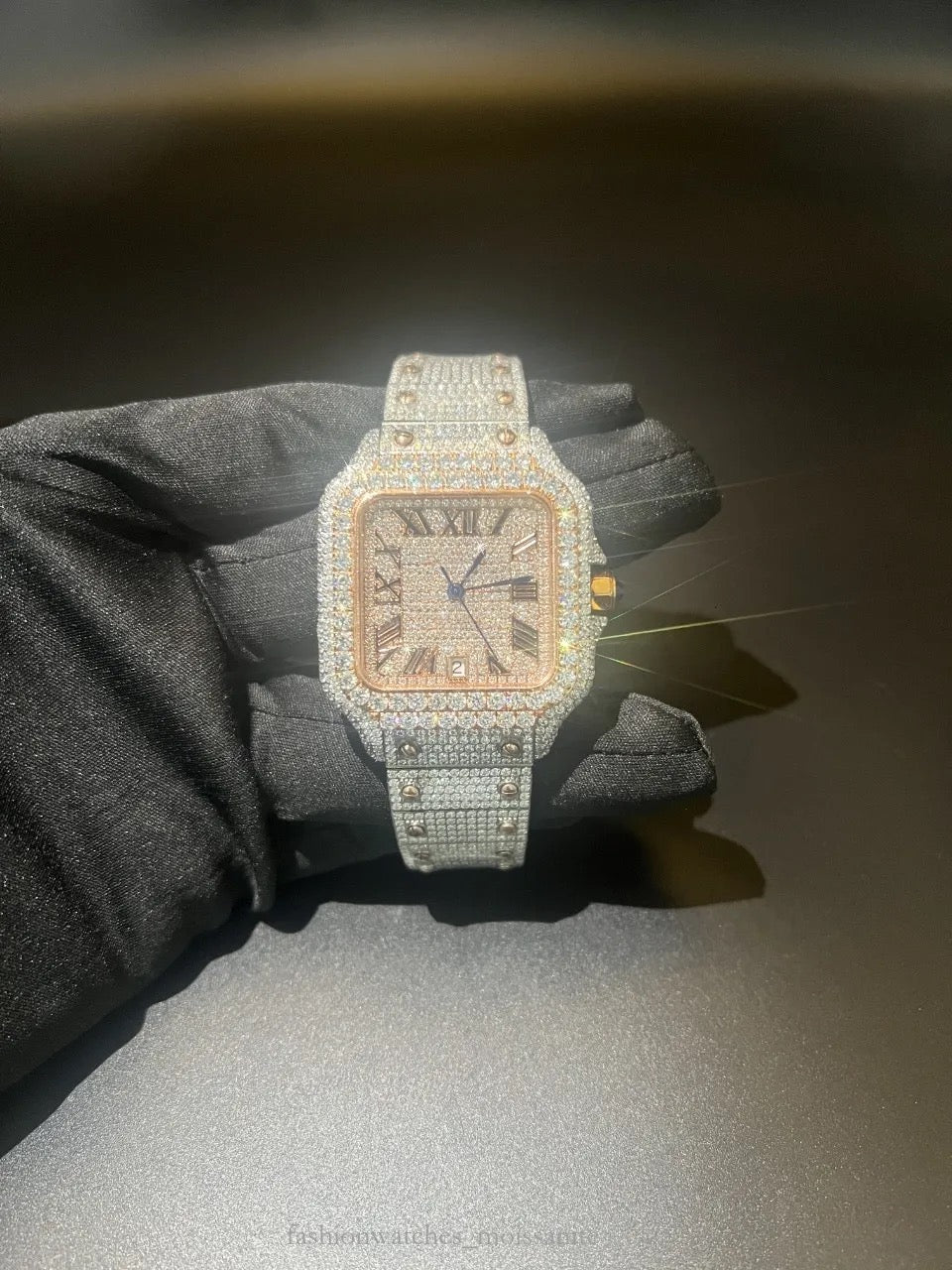 Iced out Cartier rose gold roman numerals